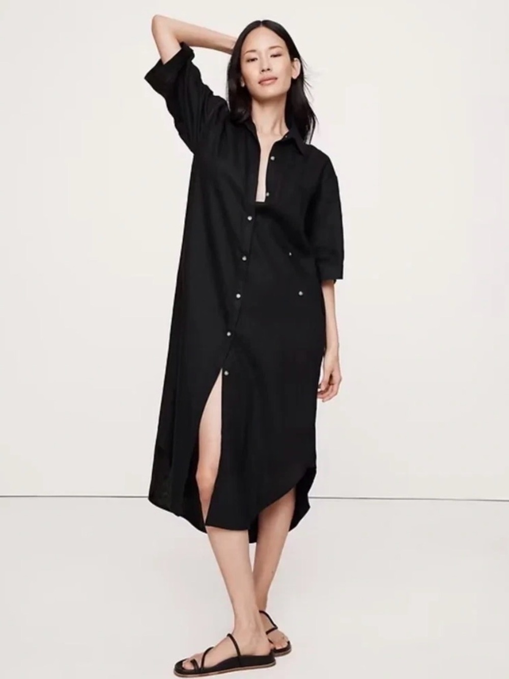 NWT Banana Republic Black Linen Asymmetrical Shirt Dress Sz M (#772620)